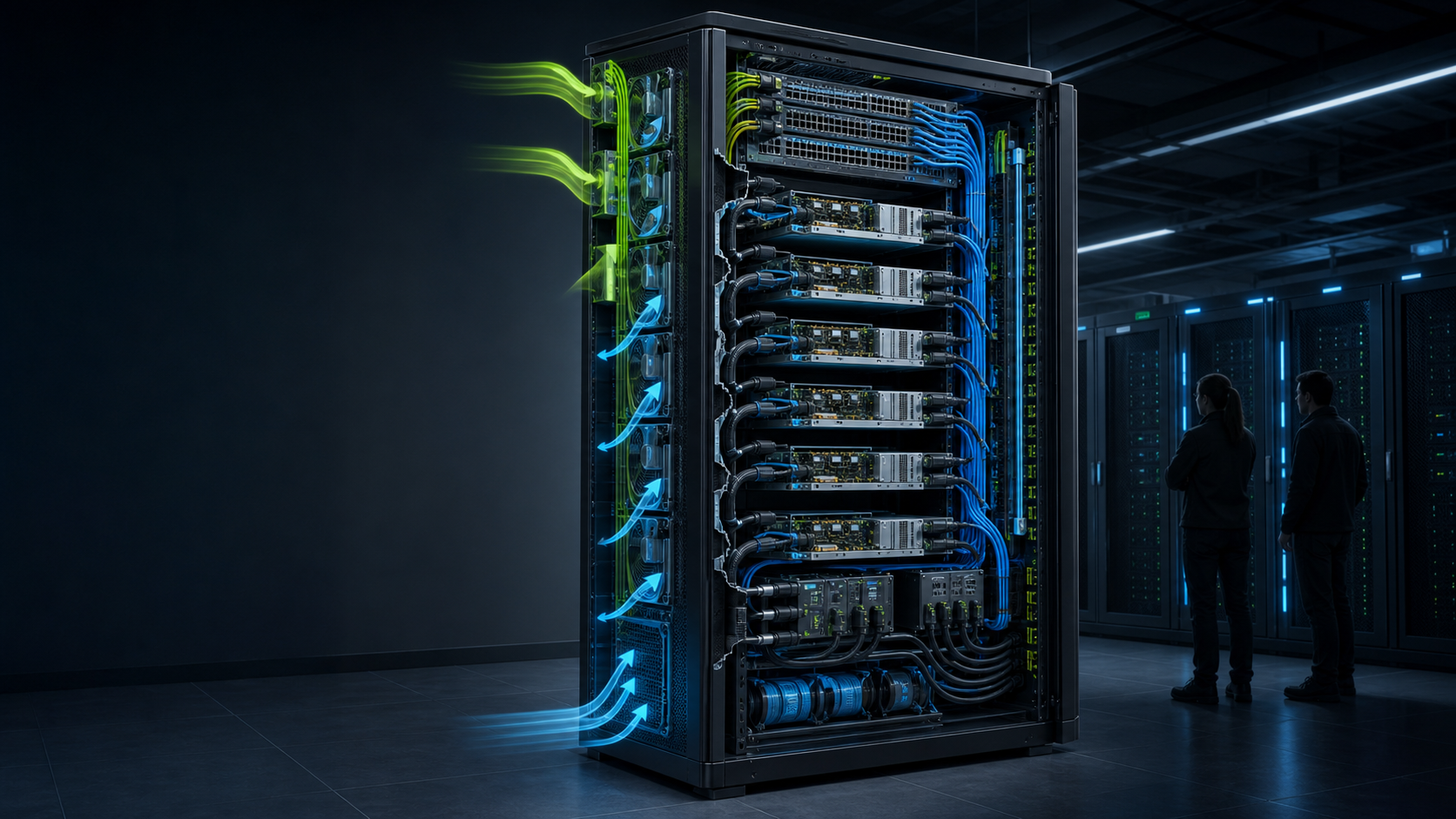 AI-generated illustration of an open server rack where compute cards, networking, power and cooling are shown as parts of a coordinated AI system.