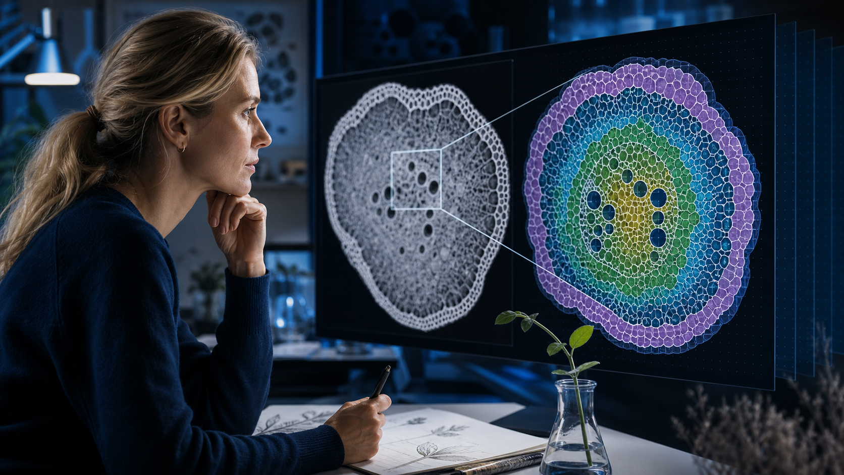 AI-genererad illustration av en forskare som jämför en växtskanning med en färglagd karta där bildens delar har fått tydliga gränser.