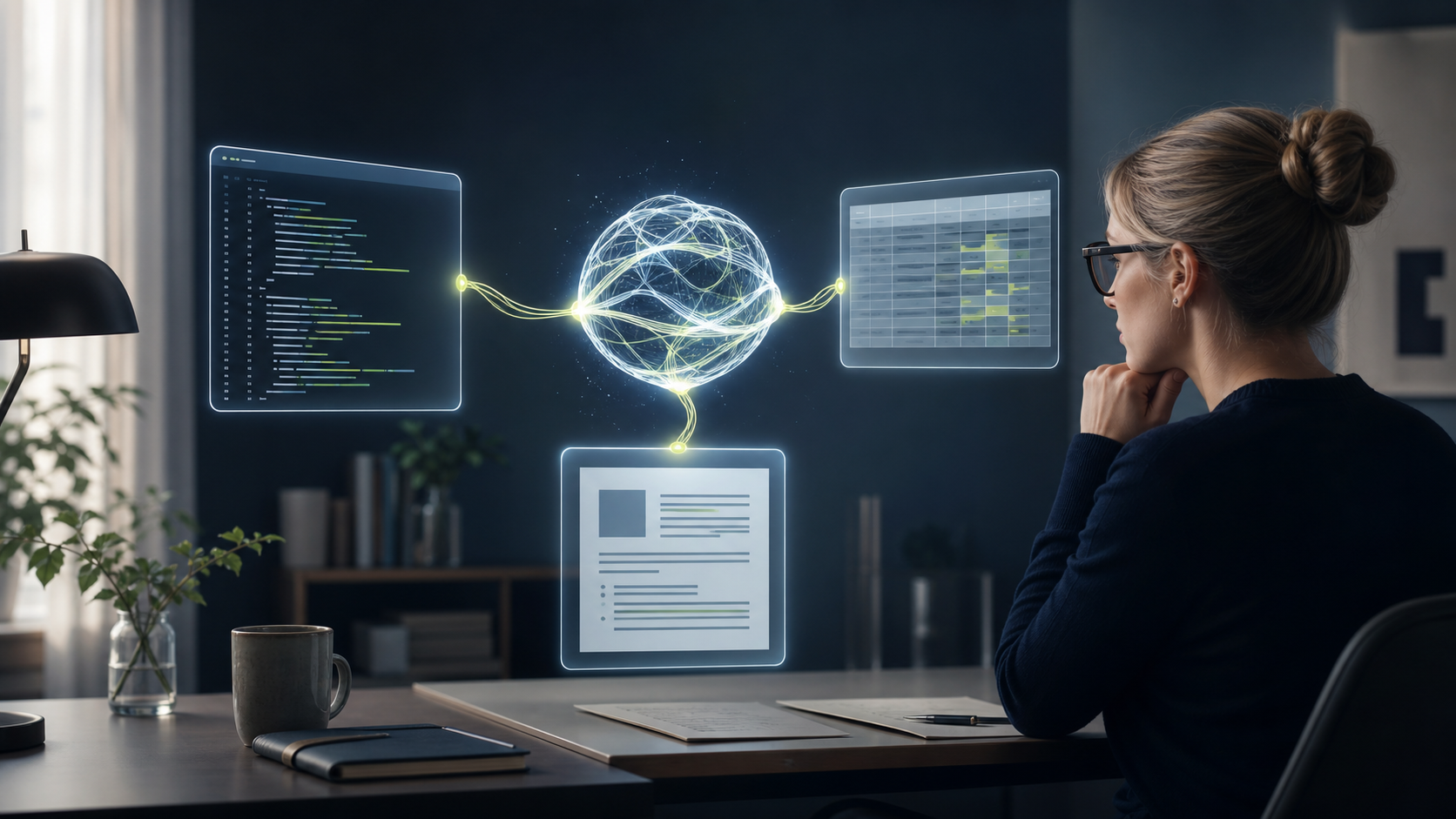AI-genererad illustration av en yrkesperson som granskar kod, en tabell och ett dokument runt en abstrakt AI-kärna.