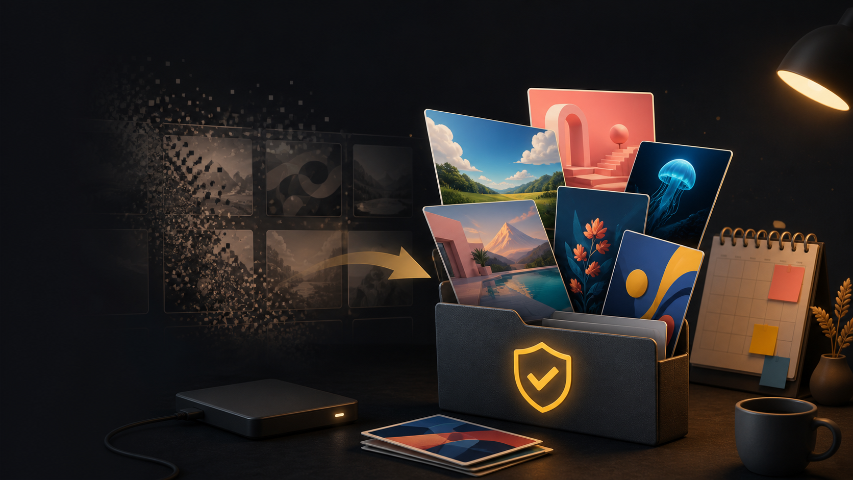 AI-generated illustration of colorful image cards being moved from a dimmed digital gallery to a protected archive folder before a deadline.