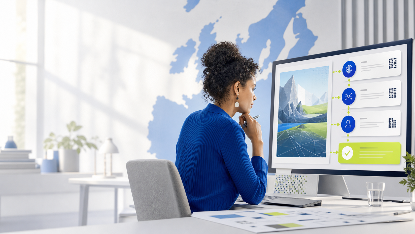 AI-genererad illustration av en redaktör som granskar en bild, maskinläsbara märkningar och en tydlig mänsklig kontrollpunkt framför en abstrakt Europakarta.