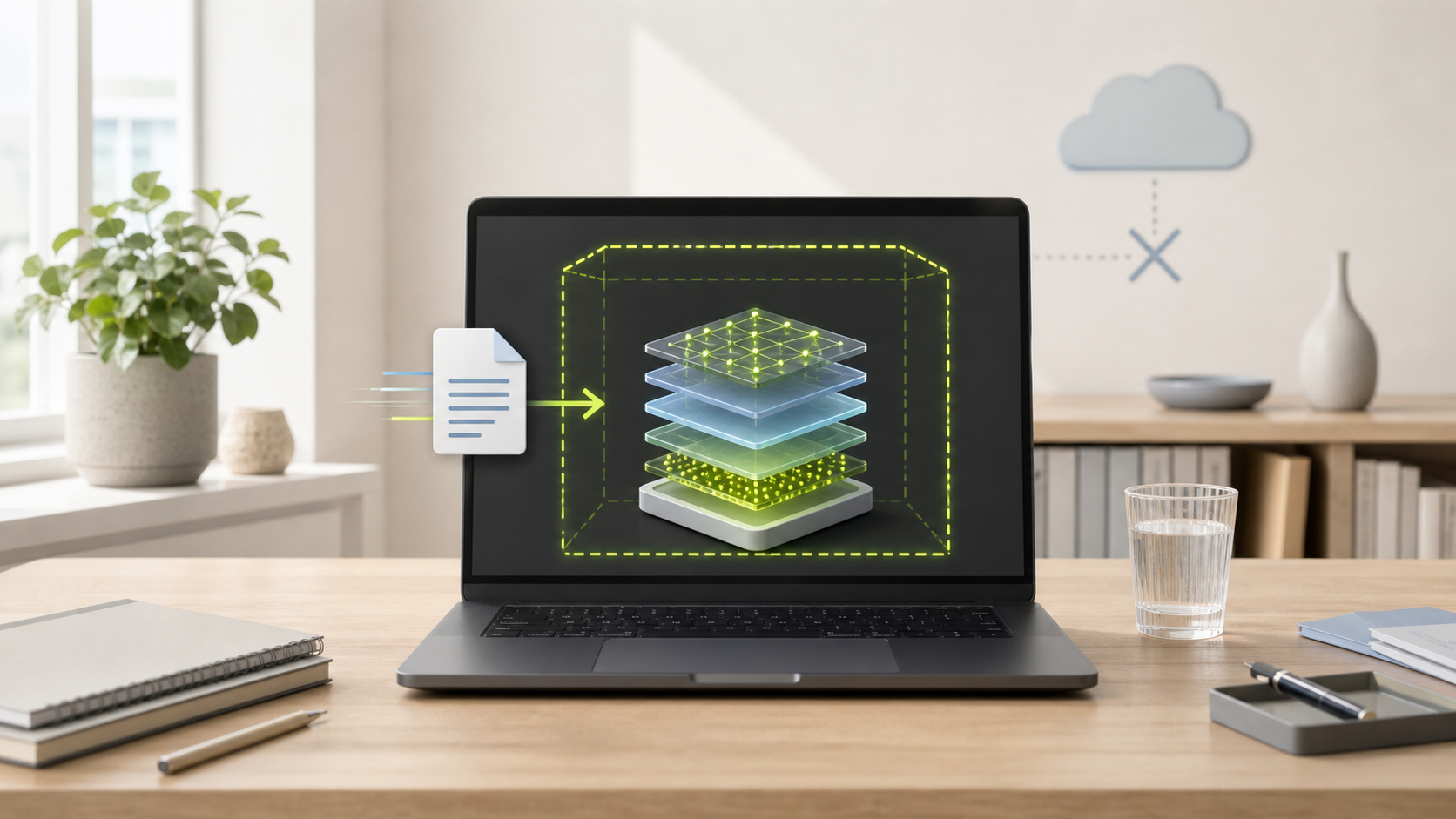 AI-genererad illustration av en bärbar dator där en AI-modell och ett dokument stannar innanför en tydlig lokal gräns medan en molnsymbol är frånkopplad.