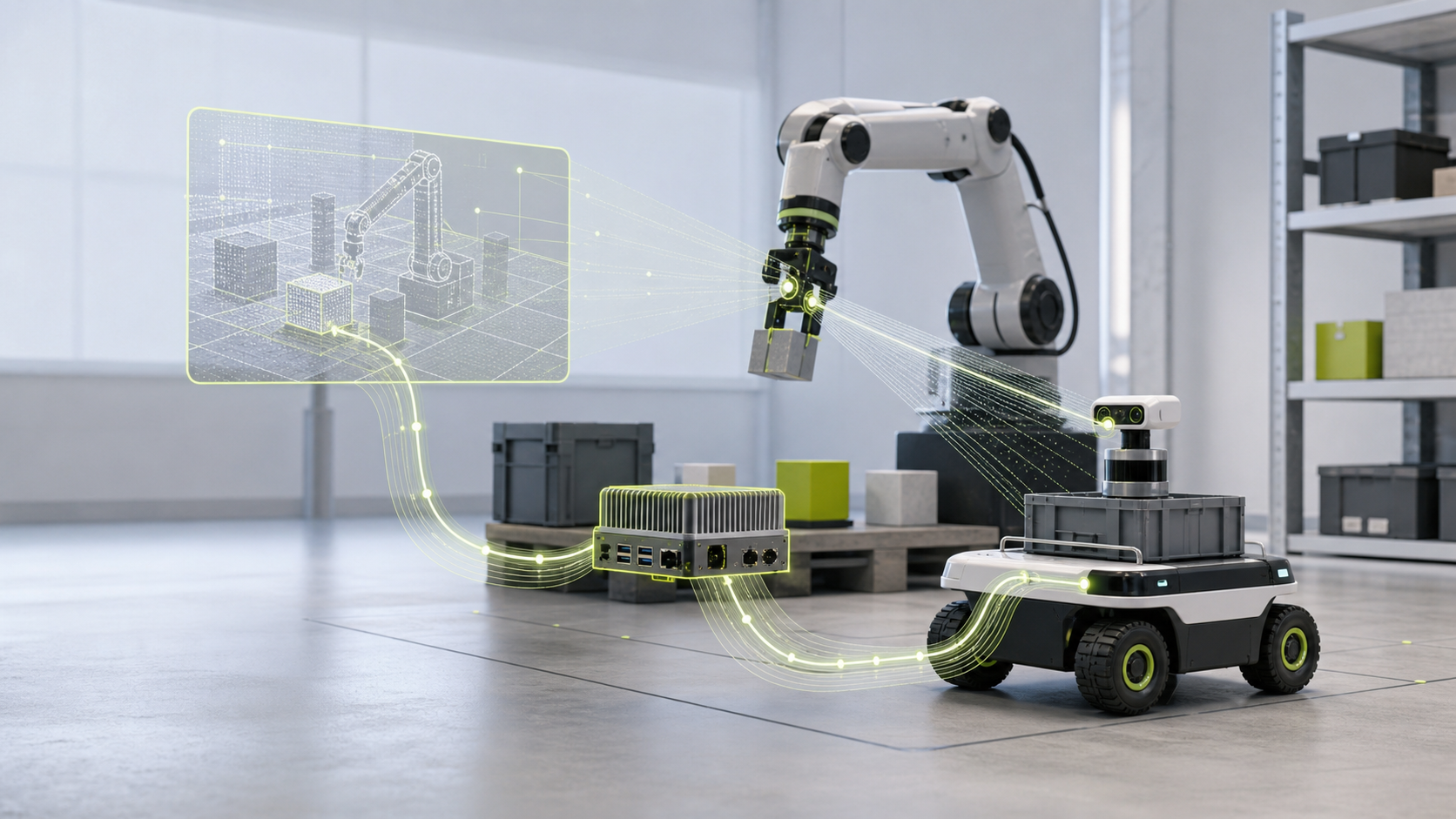 AI-genererad illustration av en robotarm och en mobil inspektionsrobot som kopplas till en lokal beräkningsenhet och en visuell modell av lagermiljön.
