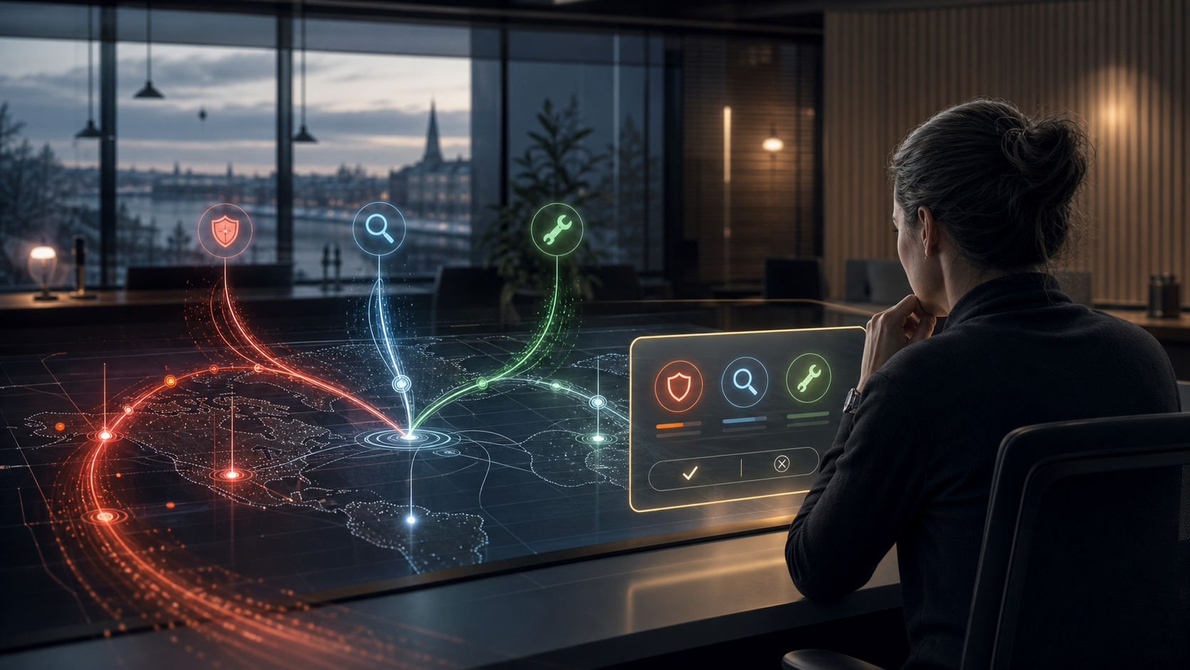 AI-genererad illustration av en säkerhetsansvarig som granskar tre färgkodade agentflöden och en tydlig kontrollpunkt över en abstrakt nätverkskarta.